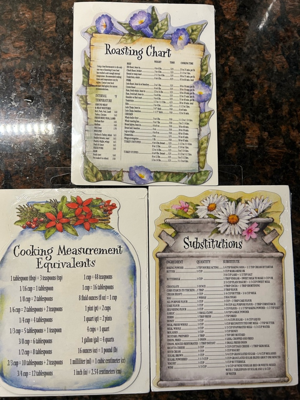 Set of 3 Decorative Kitchen Charts - Floral Cooking Guides
